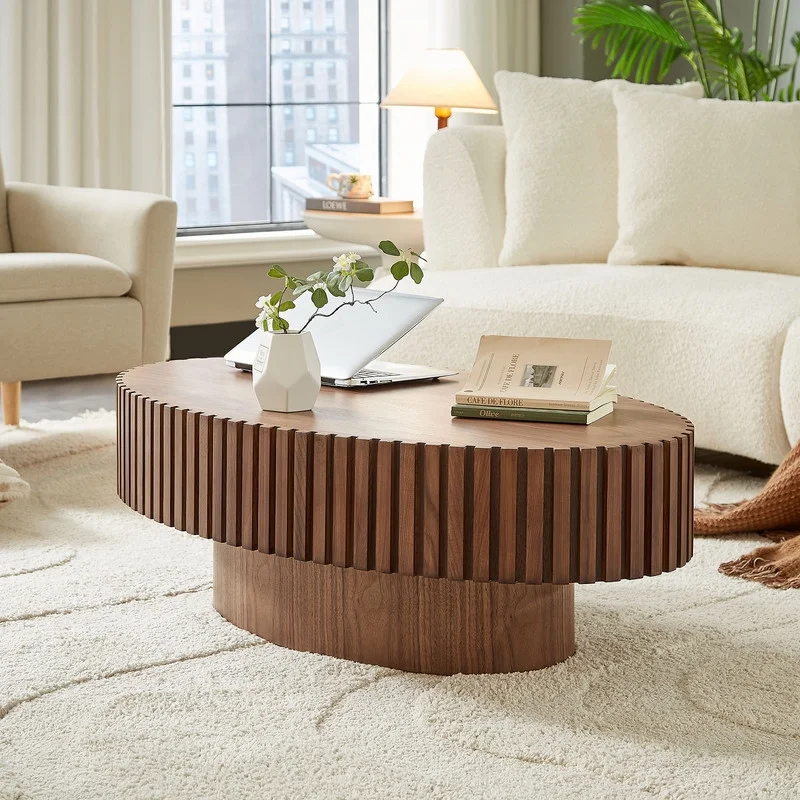 FFH 43.7 inch Oval Coffee Table for Living Room,Handcraft Rustic Corner Coffee Table Nature Wood Relief Sturdy Pedestal for Apartmen,Side Table Centre Table,Nature Wood
