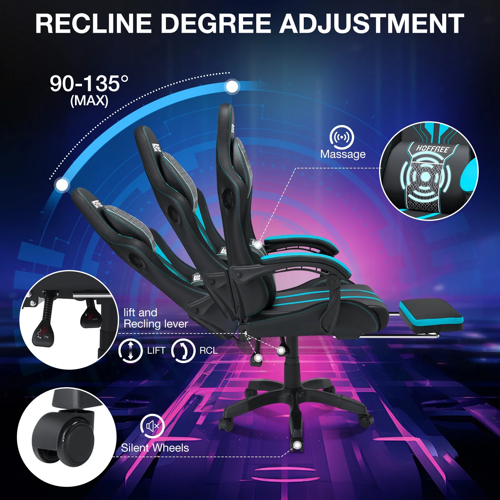 HOFFREE Big and Tall Gaming Chair with Speakers and RGB Lights, Gamer Chair with Footrest, Lumbar Support Height Adjustable 360-Swivel Seat and Headrest for Adults, 400lbs