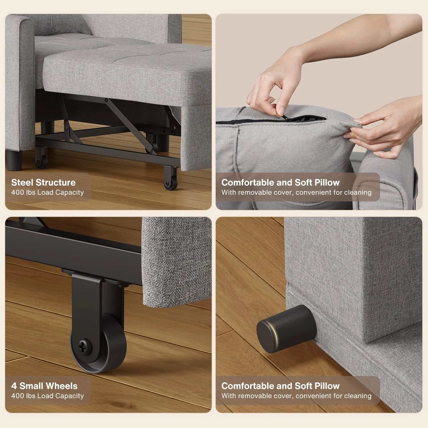 Lofka Chair Bed, Convertible Sofa Bed Couch Recliner Single Bed for Living Room/Office/Bedroom, Light Gray