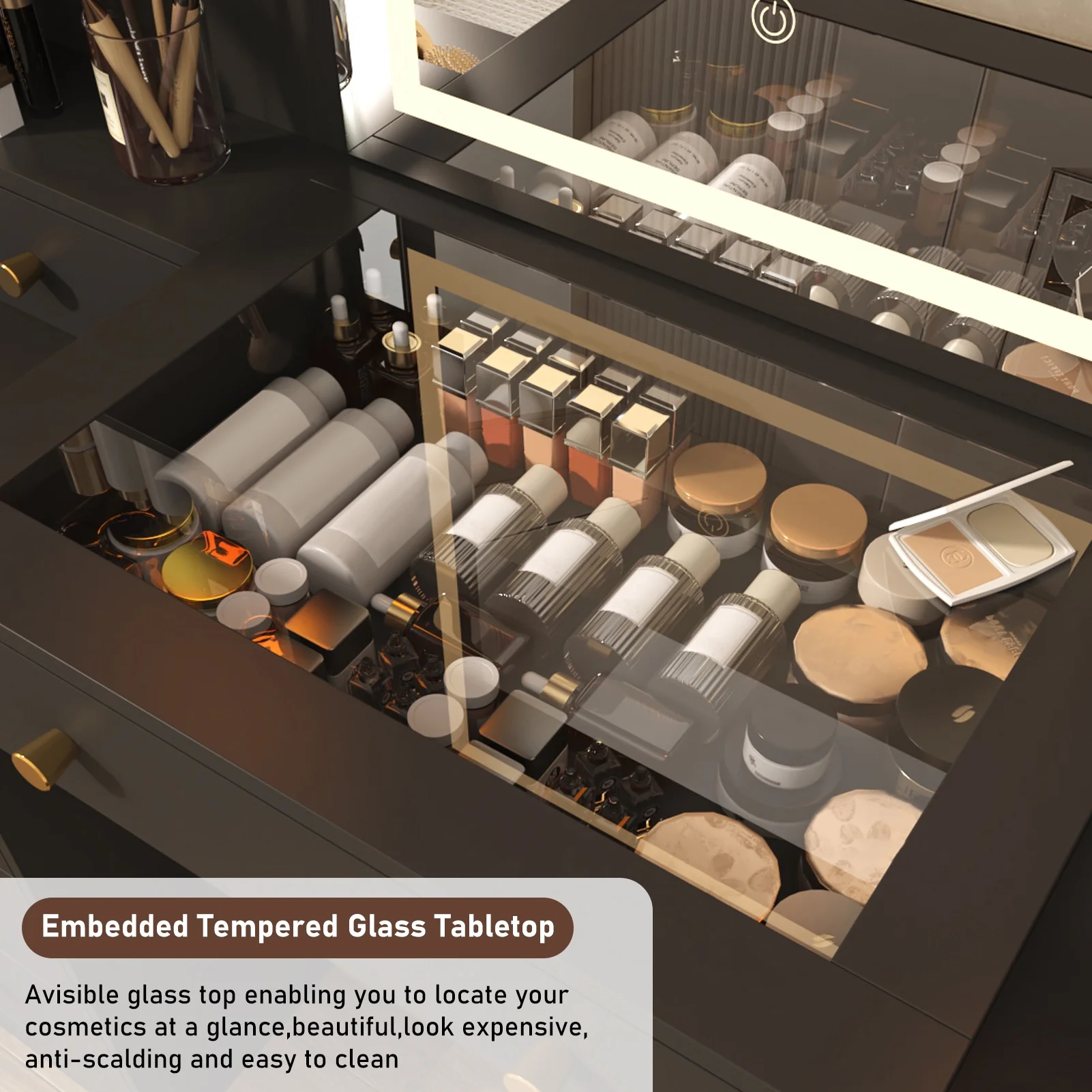 ChVans 62'' Large Vanity Desk with Tempered Glass Top, 60000-color LED Lights, Charging Station, White Makeup Vanity with 3 Lights Mode LED Mirror, 9 Drawers, 2 RGB cabinets for Women, Girls Gift