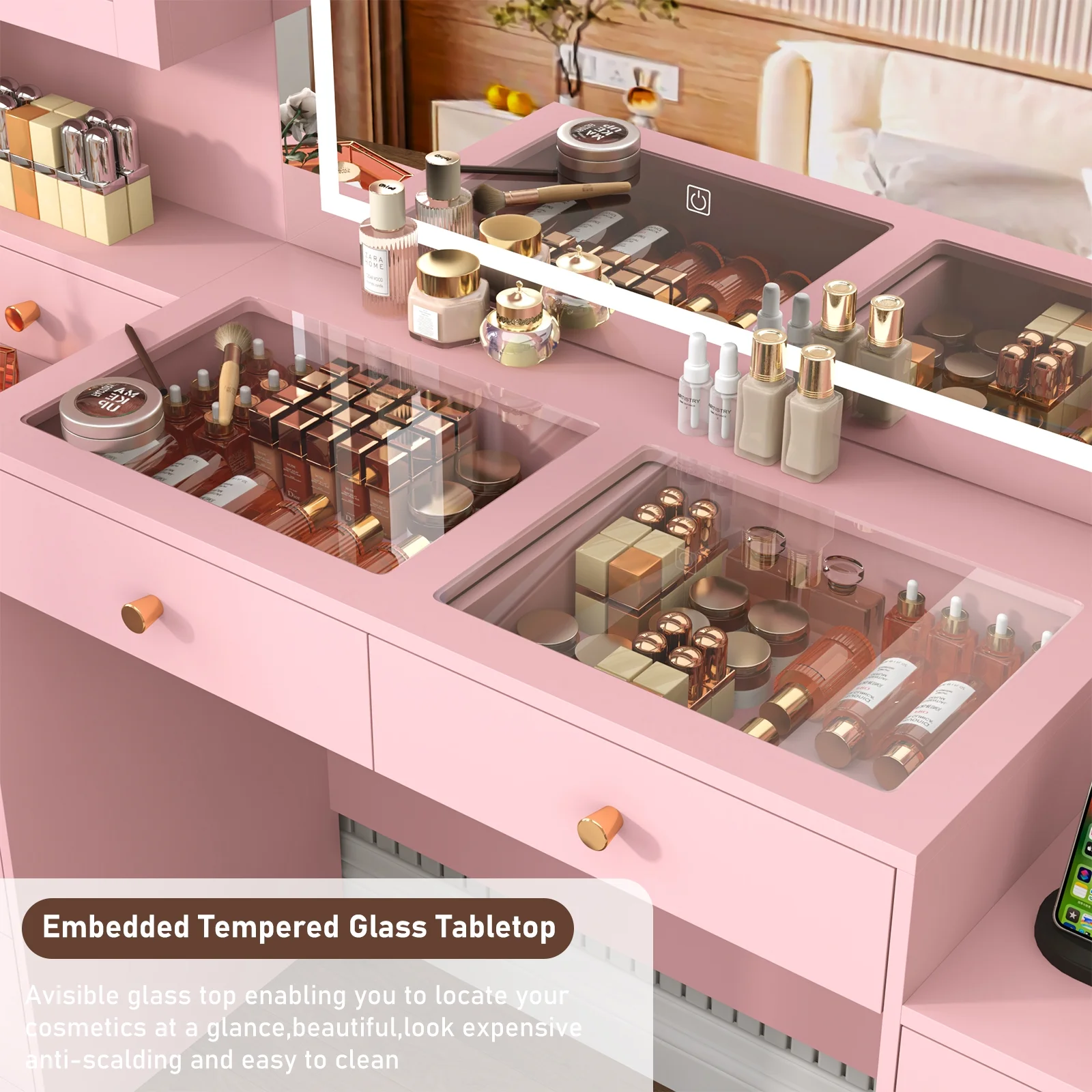 ChVans 62'' Large Vanity Desk with Tempered Glass Top, 60000-color LED Lights, Charging Station, White Makeup Vanity with 3 Lights Mode LED Mirror, 9 Drawers, 2 RGB cabinets for Women, Girls Gift