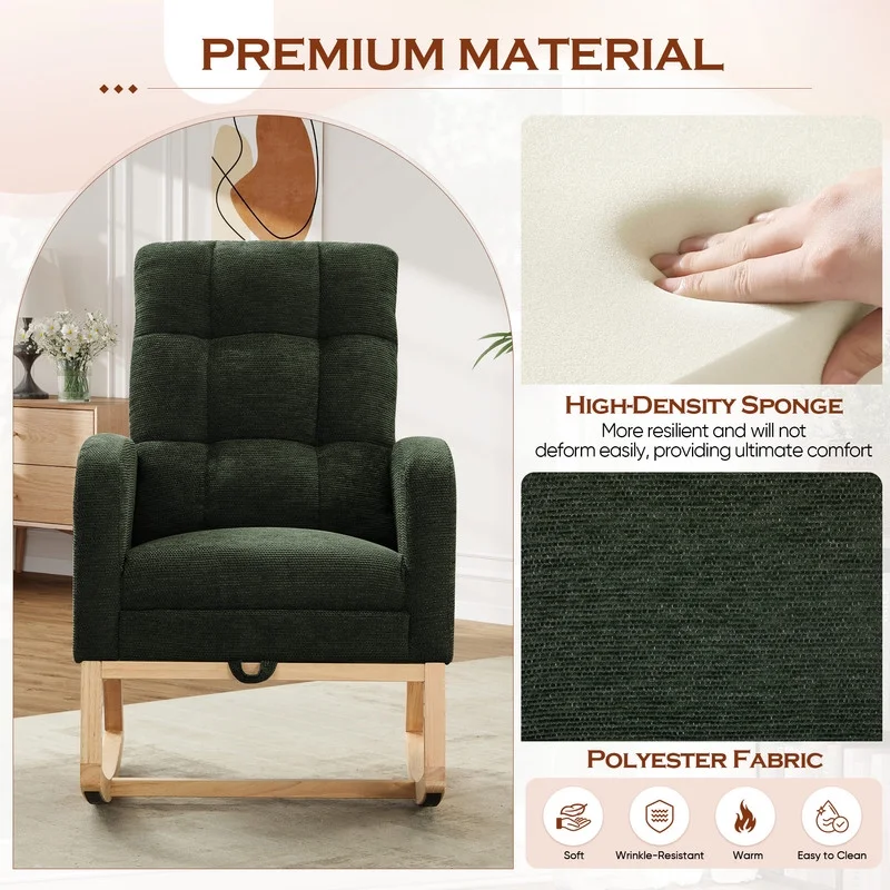 FFH Rocking Chair Nursery, Tufted Accent Rocker Chair, Upholstered Armchair with Adjustable Footrest, Side Pocket, High Backrest, Padded Seat, Polyester Blend (Retro, Dark Gray)