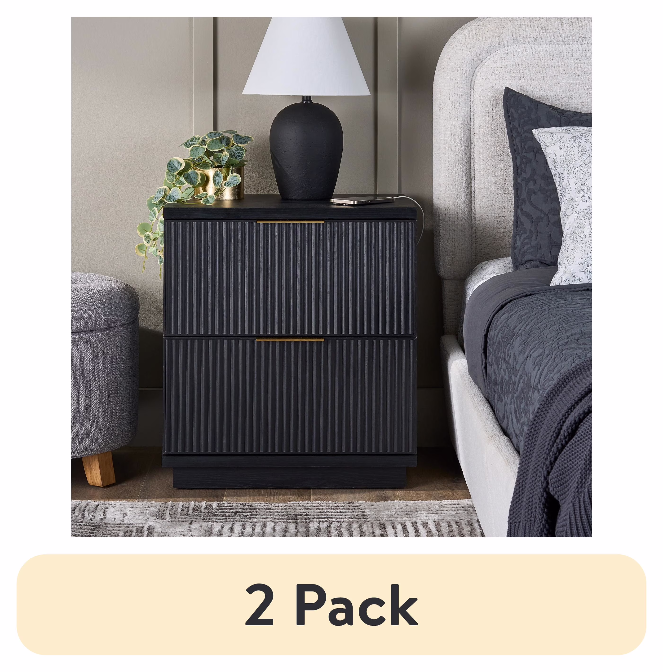 Better Homes & Gardens Lillian Fluted 2-Drawer Nightstand with USB, Natural Pine