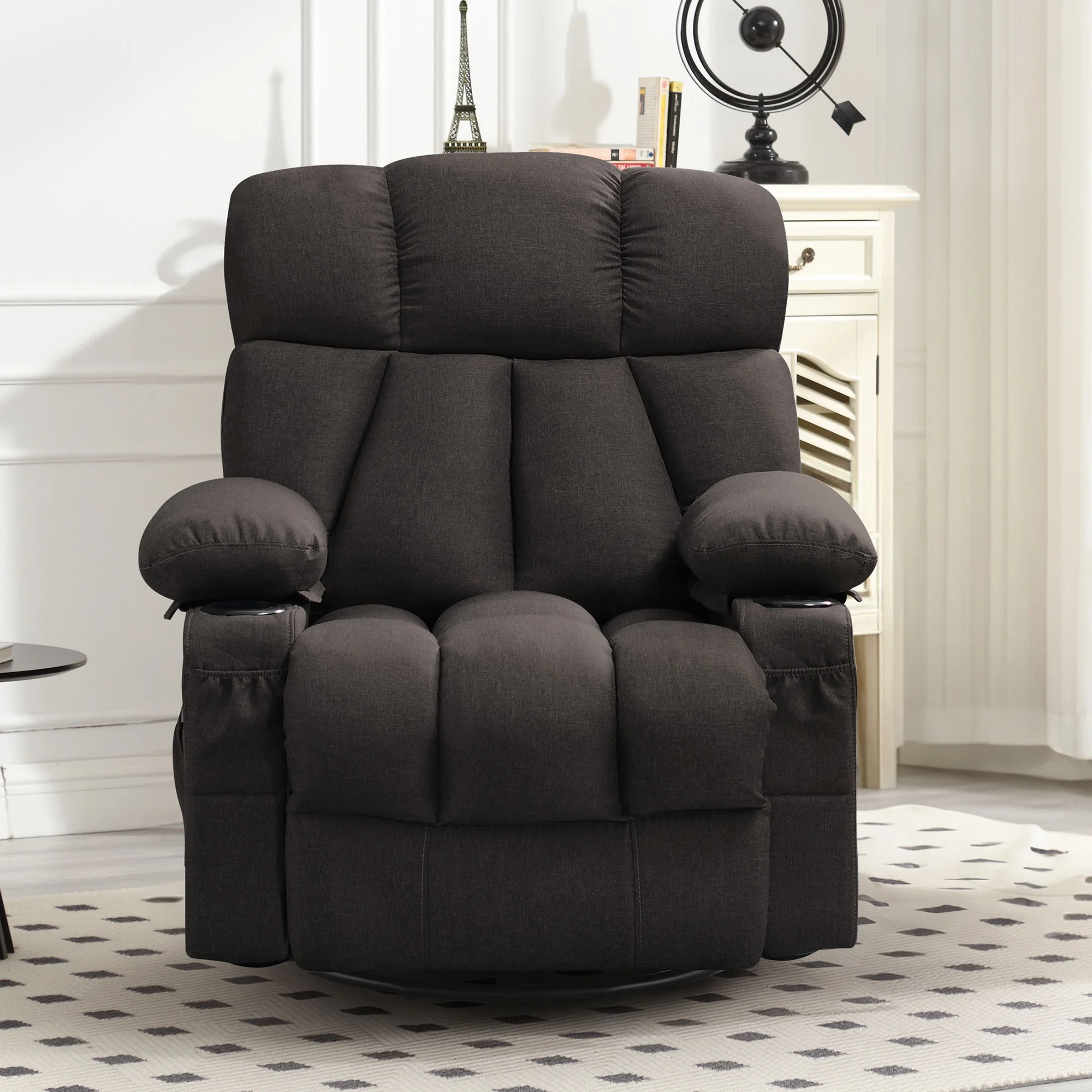 JONPONY Manual Recliner Chair with Heat Therapy and Massage Function, Heavy Duty Reclining Mechanism Massage Chair, Elderly Single Rocker Sofa with Cup Holders for Bedroom Home Theater,Grey