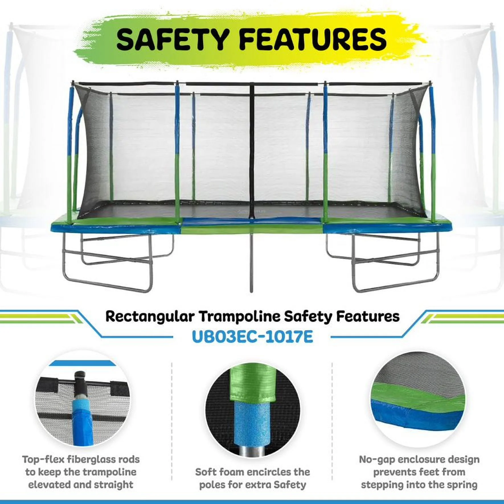 Machrus Upper Bounce - Mega 10' X 17' Gymnastics Style, Rectangular Trampoline Set with Premium Top-Ring Enclosure System - Green/Black