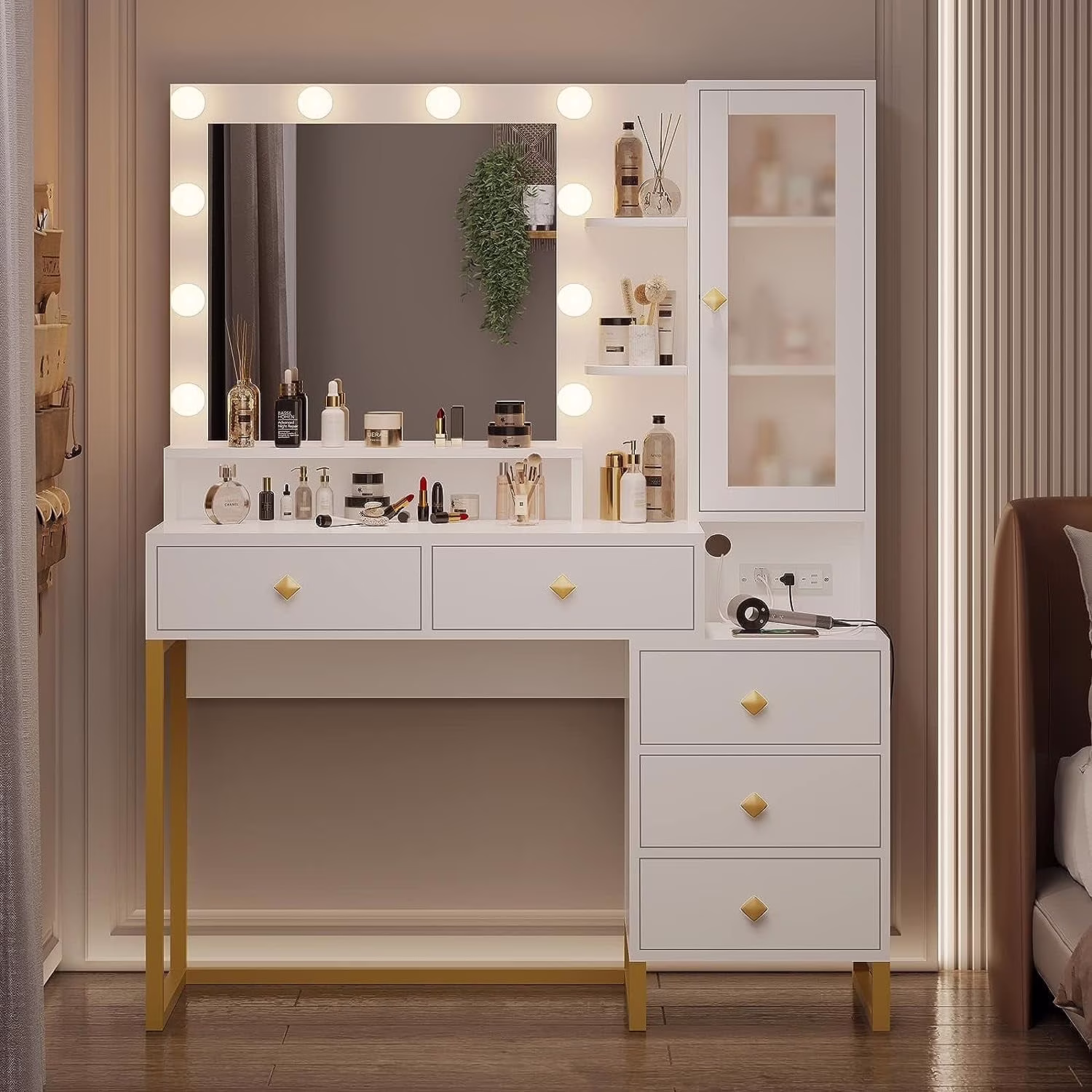 Afuhokles Large Makeup Vanity with Lights, Vanity Table with Charging Station Vanity Desk with Mirror and 10 LED Light Bulbs, 5 Drawers, White