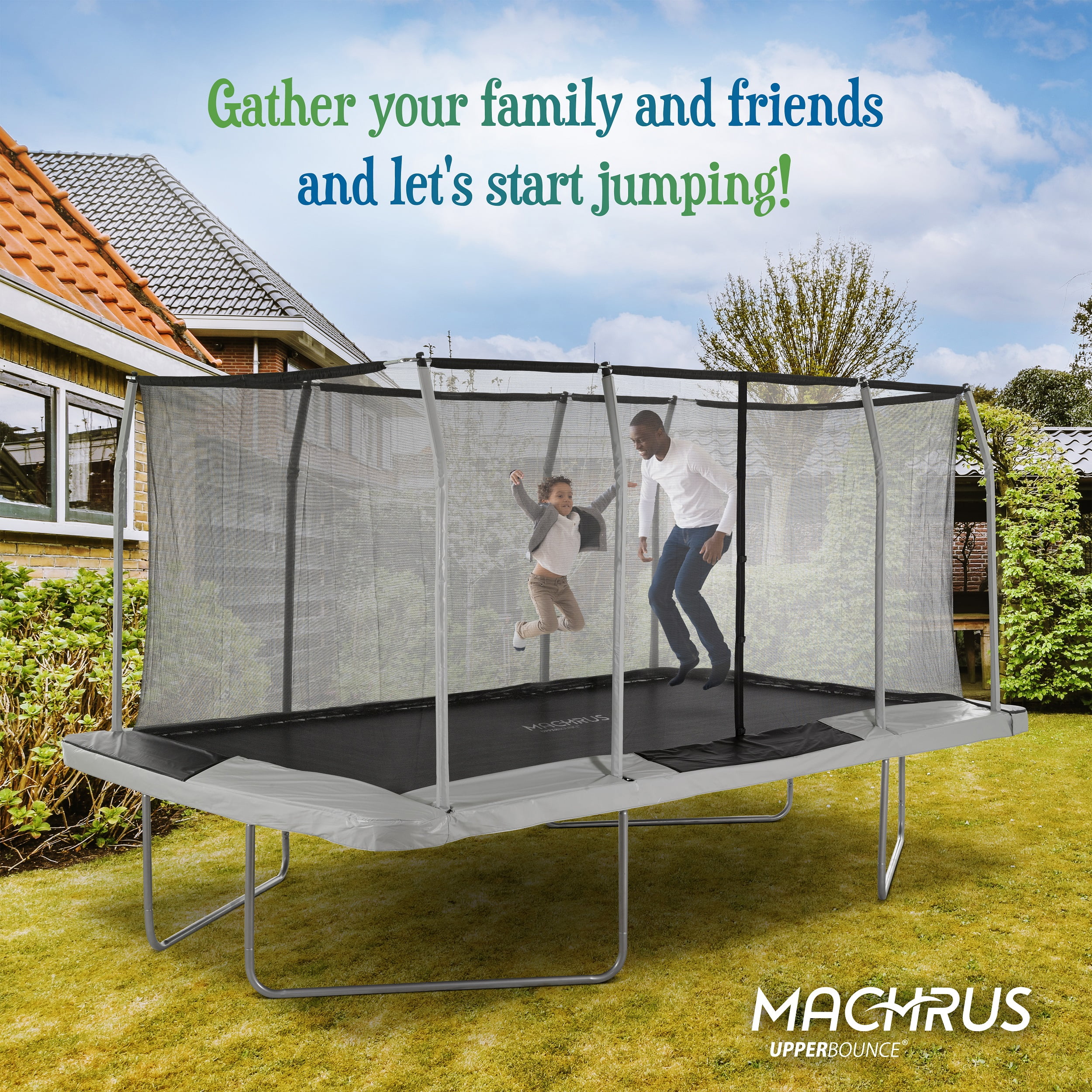 Machrus Upper Bounce - Mega 10' X 17' Gymnastics Style, Rectangular Trampoline Set with Premium Top-Ring Enclosure System - Green/Black