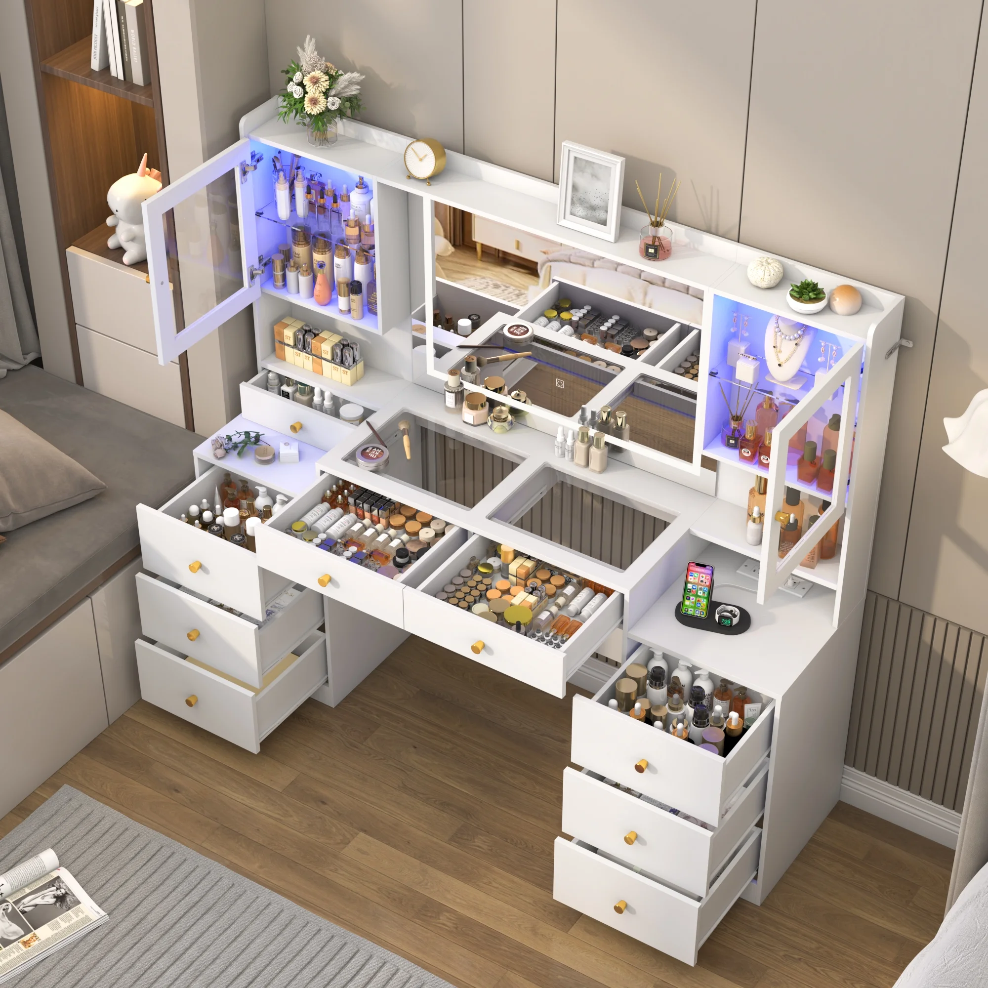 ChVans 62'' Large Vanity Desk with Tempered Glass Top, 60000-color LED Lights, Charging Station, White Makeup Vanity with 3 Lights Mode LED Mirror, 9 Drawers, 2 RGB cabinets for Women, Girls Gift