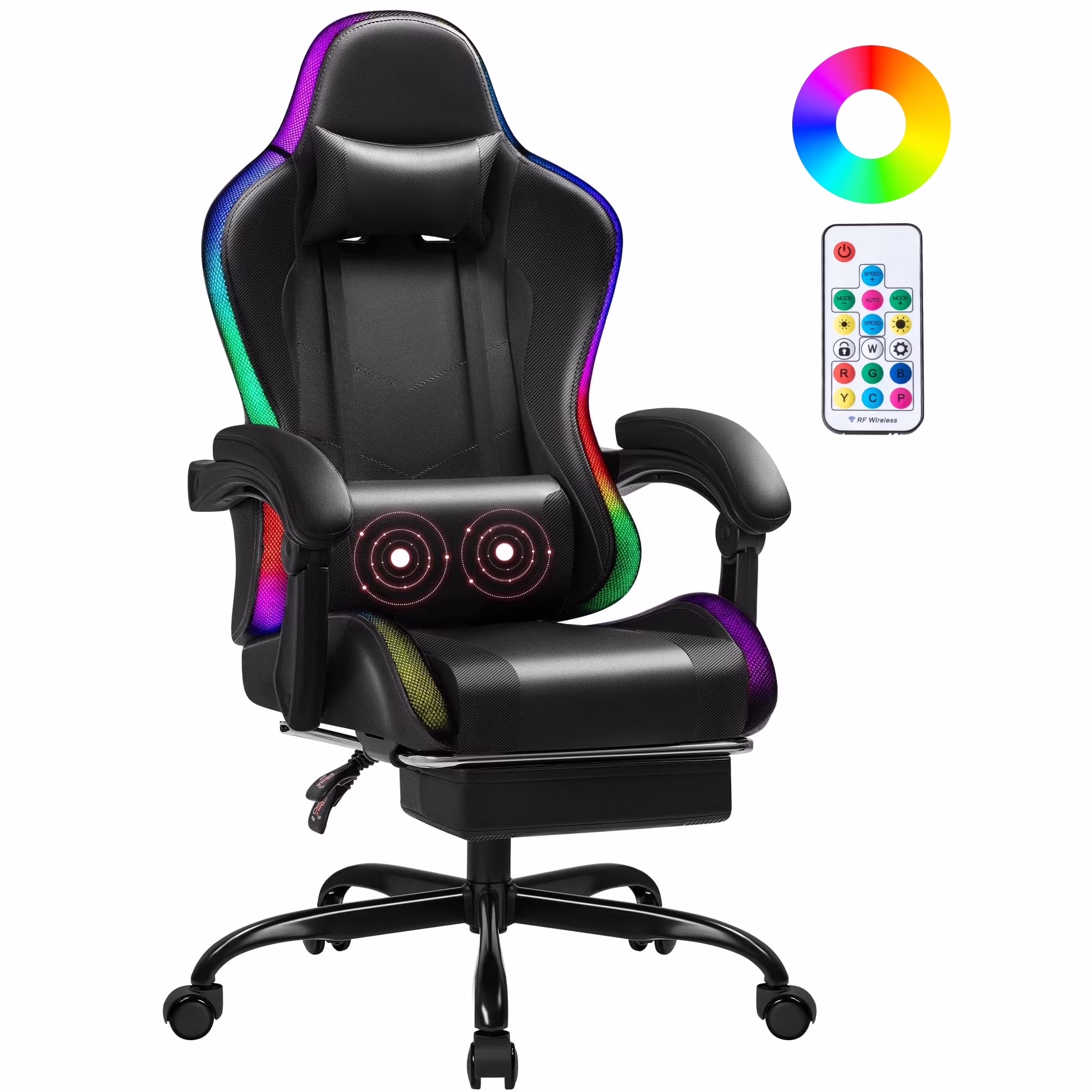 Homall RGB Gaming Chair with Massage and LED Lights Ergonomic Computer Chair with Footrest & Adjustable Lumbar Support, White
