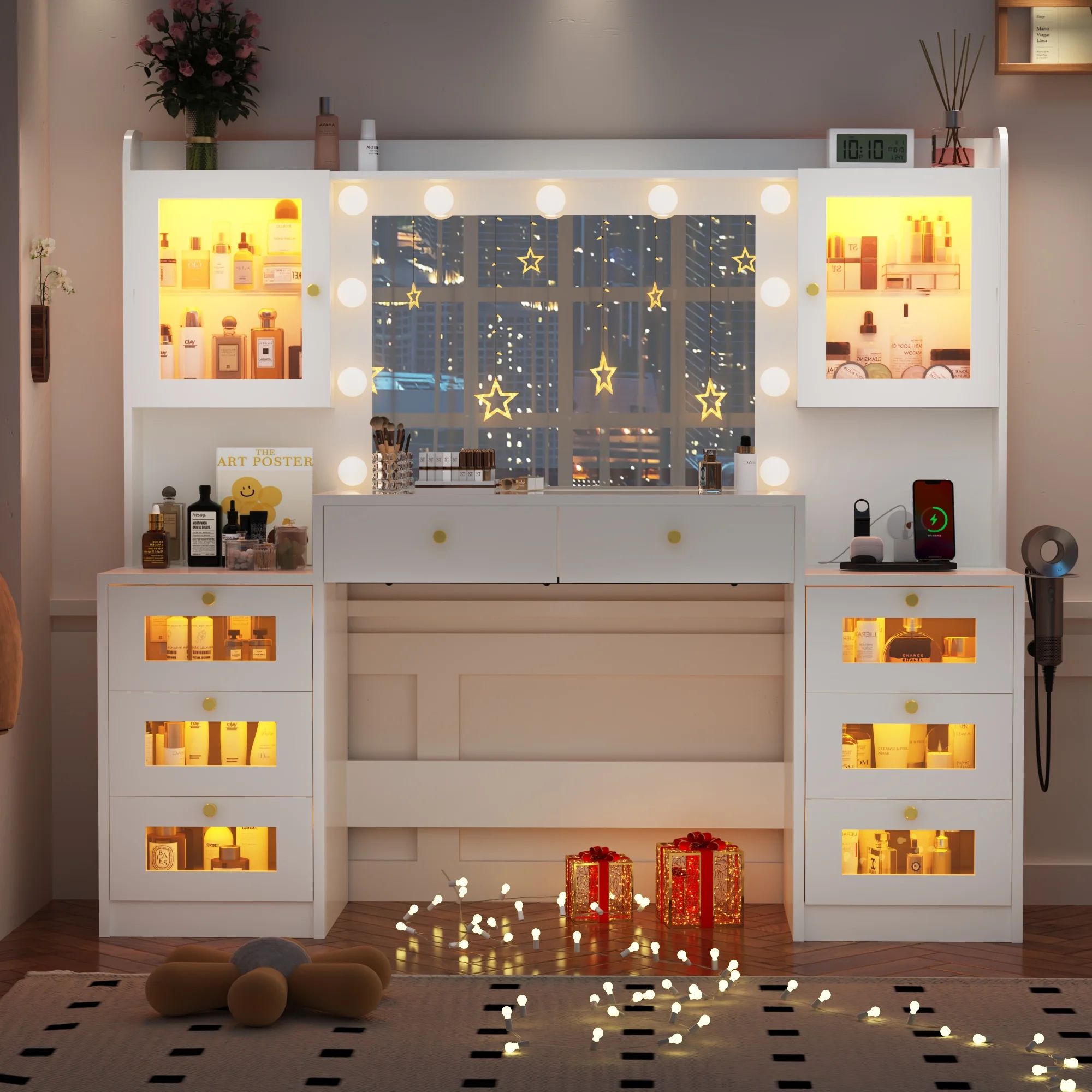 ChVans 62'' Large Vanity Desk with Tempered Glass Top, 11 LED Bulbs, Charging Station, Bedroom Makeup Vanity with 3 Lights Mode LED Mirror, 6 Translucent Drawers, 2 RGB cabinets for Women, Girls Gift