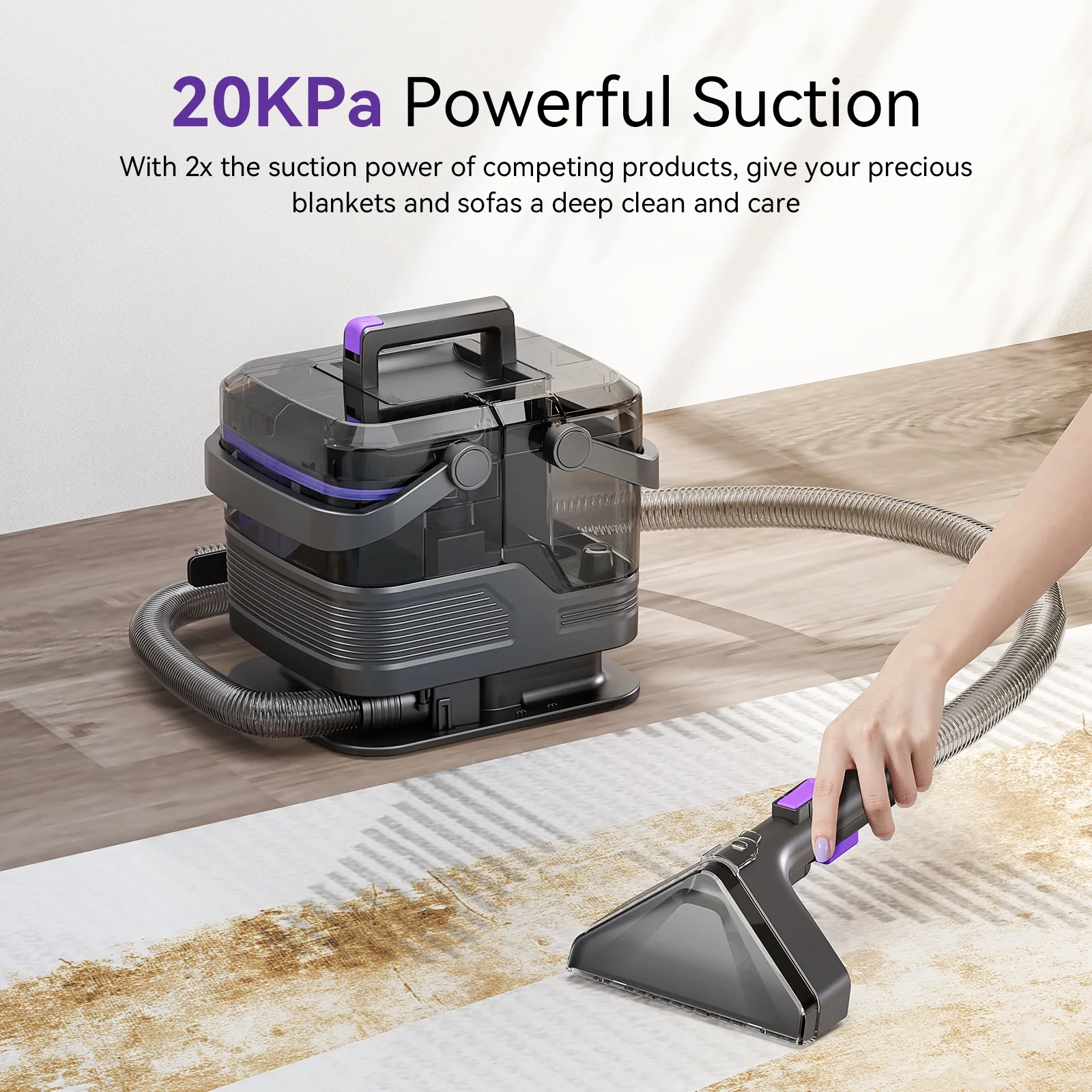 Inolait Portable Carpet Cleaner Machine, 20Kpa Powerful Upholstery Cleaner Machine, 66oz Large Water Tank, with Brush for Pets, Stairs, Black